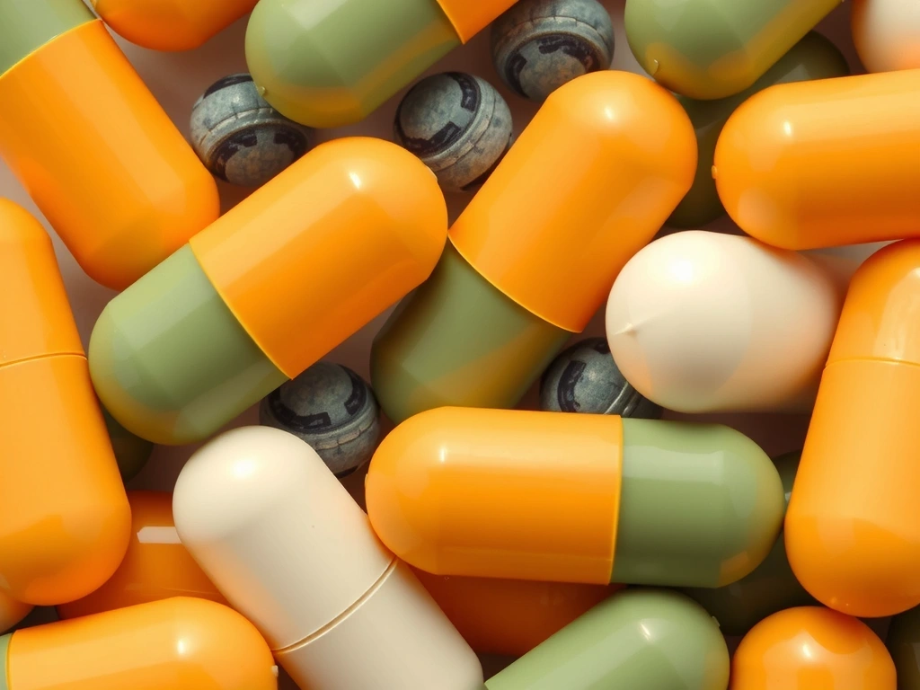 Gros plan sur des gélules de probiotiques avec des bactéries bénéfiques stylisées, symbolisant la santé intestinale.